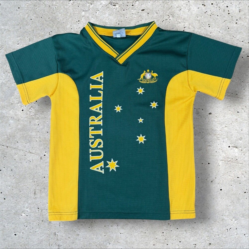 Vintage 90s Australia Soccer Jersey Kangaroo Brand Green Gold Kids Size 12